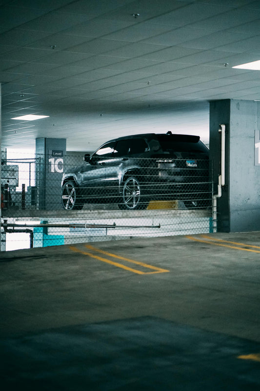 Parking lot stripes with a car