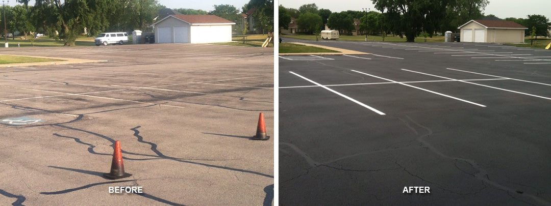 A before and after of Pro Stripe's parking lot striping services