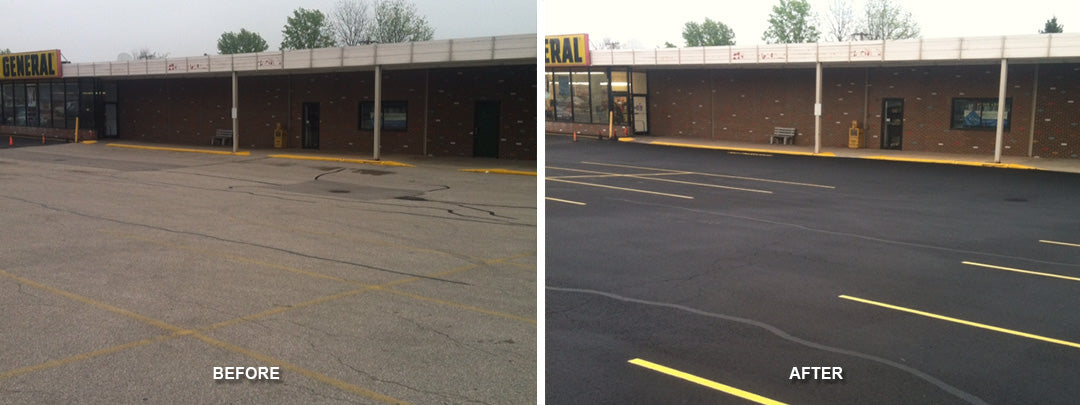 A before and after of Pro Stripe's parking lot striping services